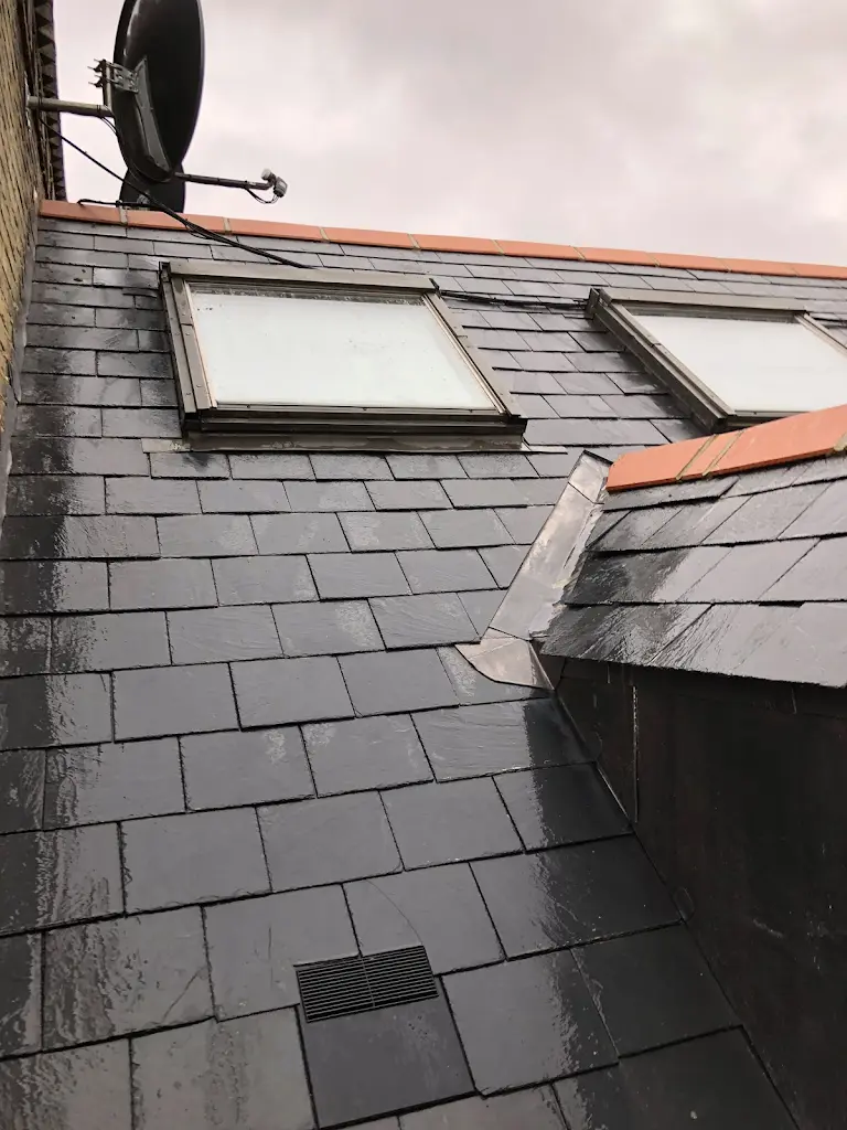 The roof of a building with two windows and a skylight.